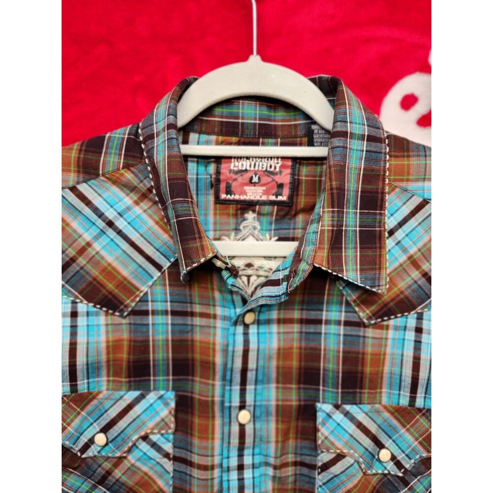 Rock Roll Cowboy Panhandle Slim Mens Medium Plaid Western Snap Shirt Embroidered